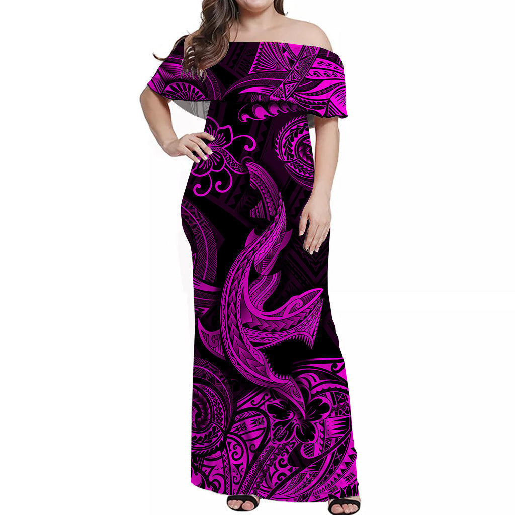 Off-shoulder maxi dress, black with magenta tribal print