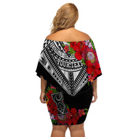 Custom Personalised Guam Chamorro Off Shoulder Short Dress Guaman Latte Stone Tropical Flowers Black Version - Wonder Print Shop