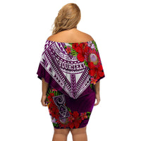 Custom Personalised Guam Chamorro Off Shoulder Short Dress Guaman Latte Stone Tropical Flowers Purple Version - Wonder Print Shop