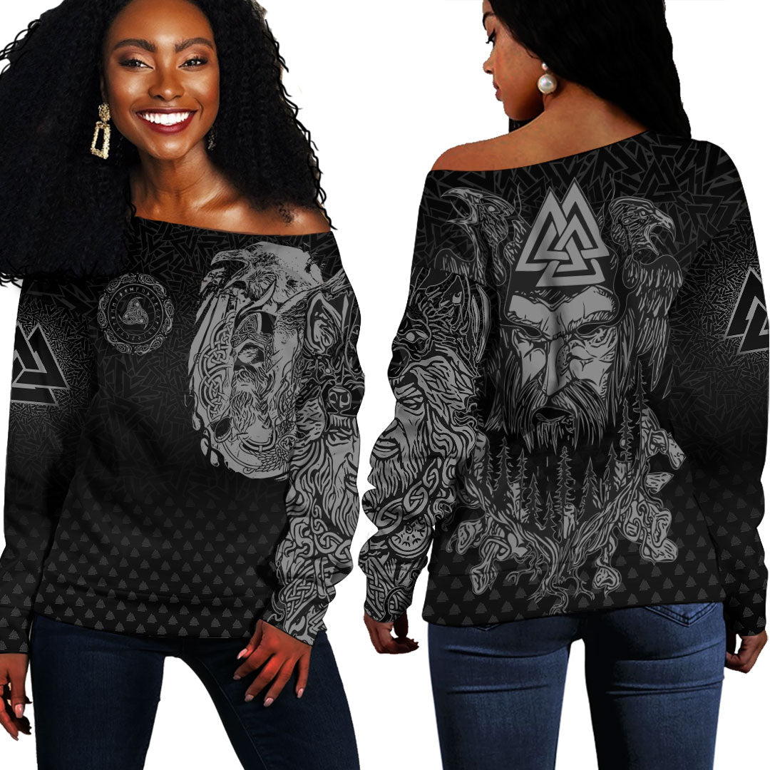Viking Odin Raven Tattoo Style - Special Version Off Shoulder Sweater RLT12 - Wonder Print Shop
