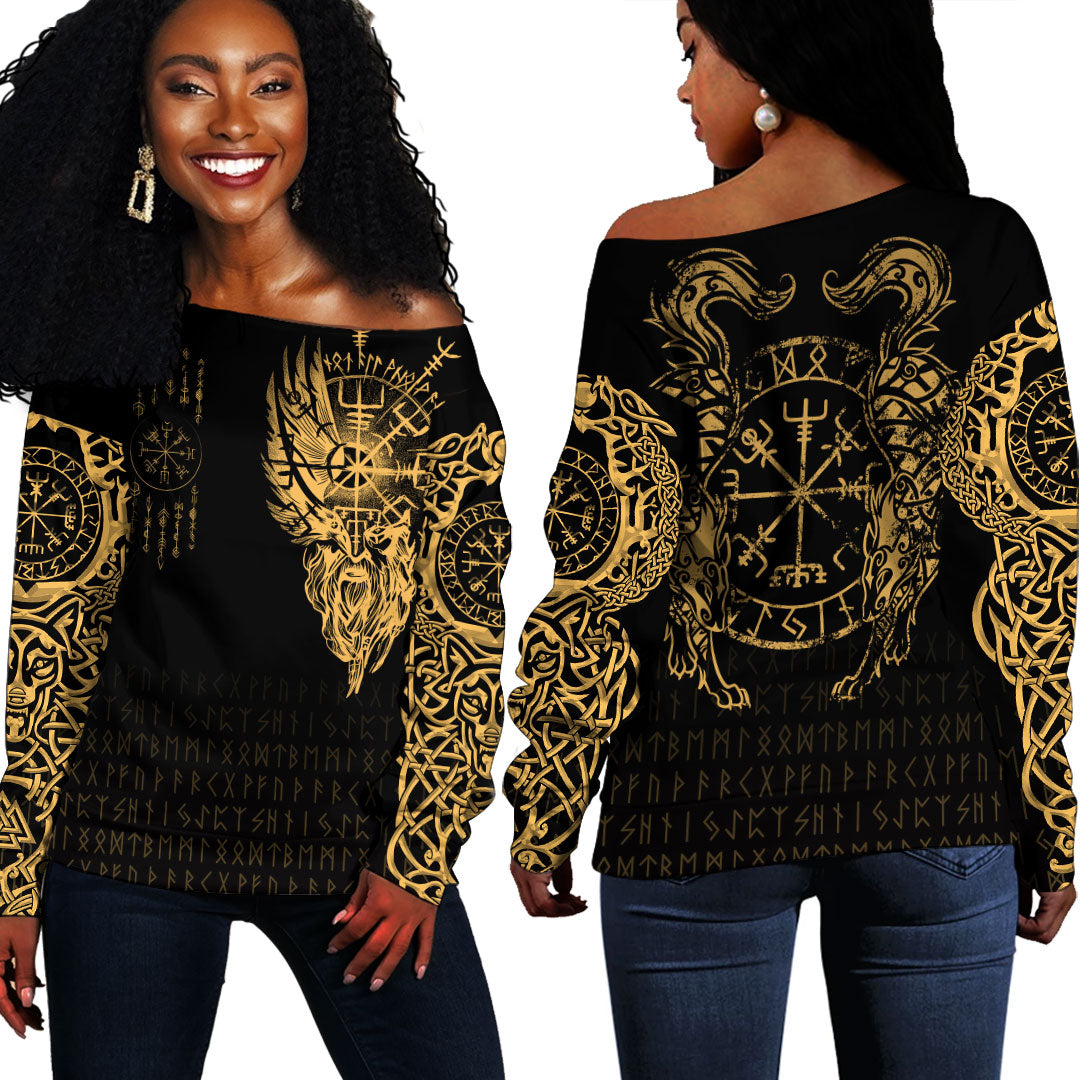 Viking Clothing Viking Compass Vegvisir Tattoo Gold Version Off Shoulder Sweater RLT12 - Wonder Print Shop