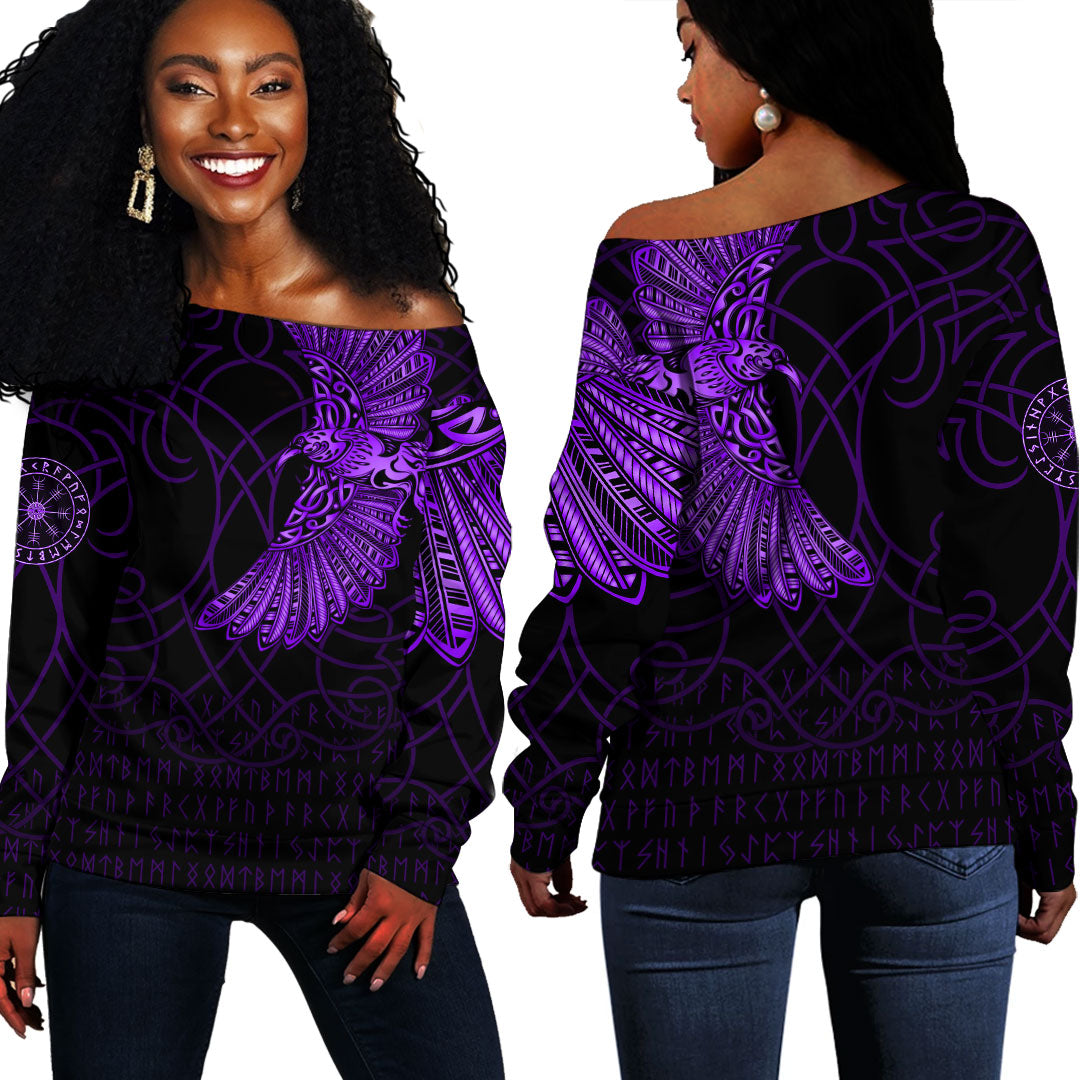 Viking Clothing Viking Odins Raven Tattoo Purple Version Off Shoulder Sweater RLT12 - Wonder Print Shop