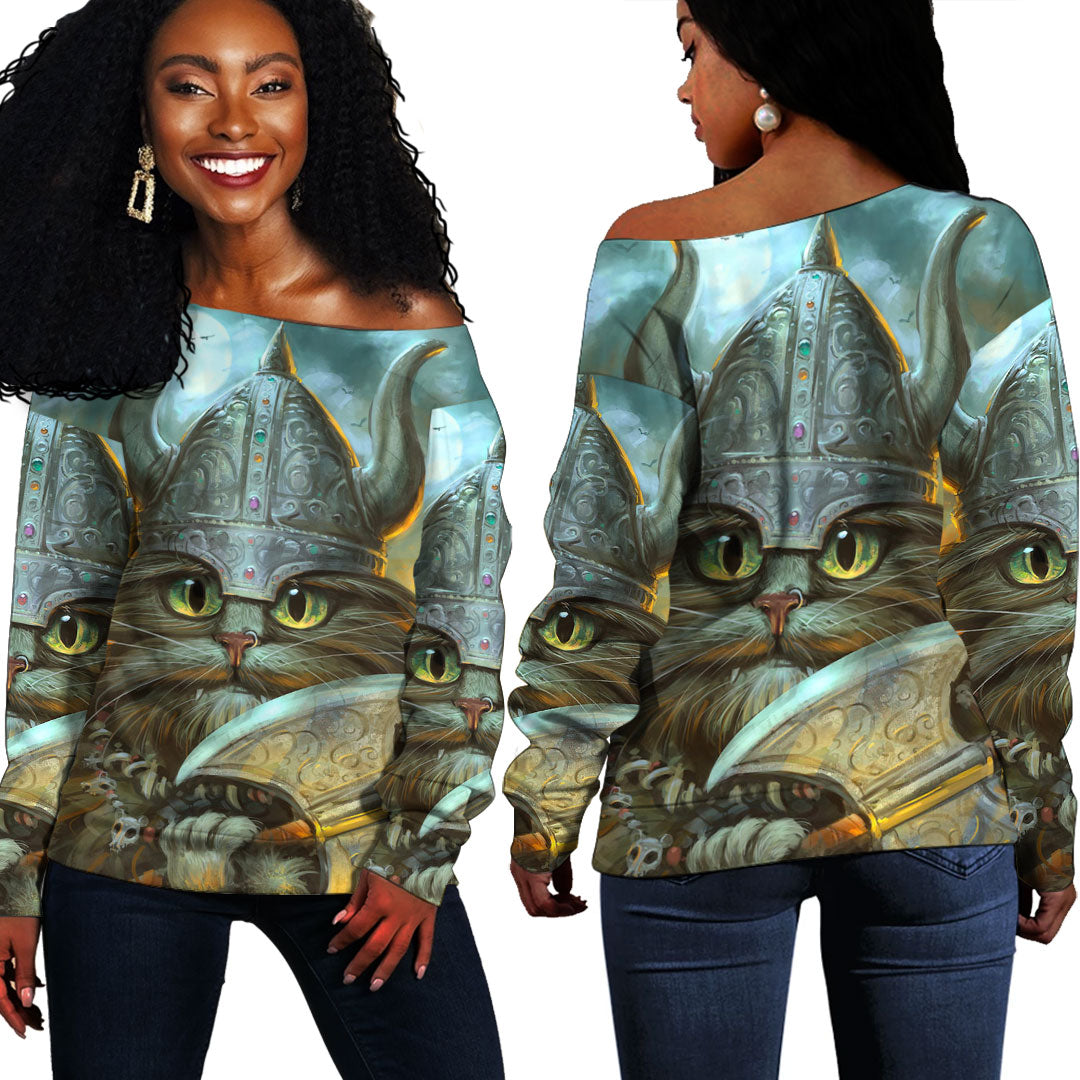 Viking Clothing Vikings Cat Warrior Off Shoulder Sweater RLT12 - Wonder Print Shop