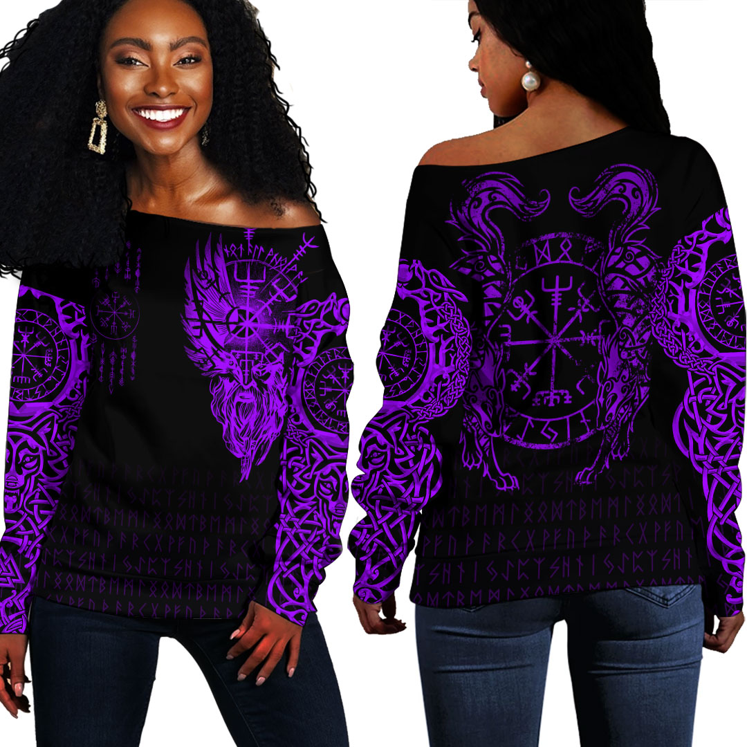 Viking Clothing Viking Compass Vegvisir Tattoo Purple Version Off Shoulder Sweater RLT12 - Wonder Print Shop