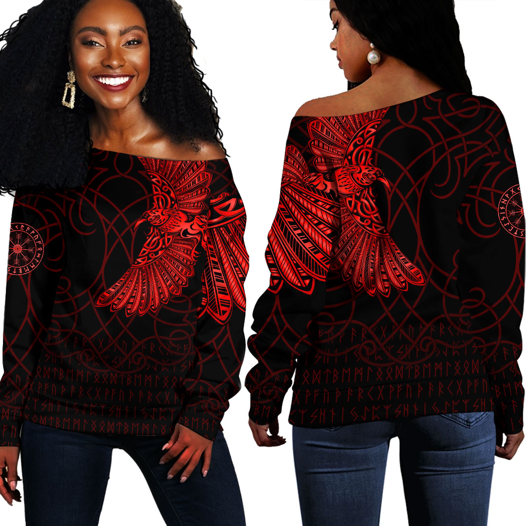 Viking Clothing Viking Odins Raven Tattoo Red Version Off Shoulder Sweater RLT12 - Wonder Print Shop