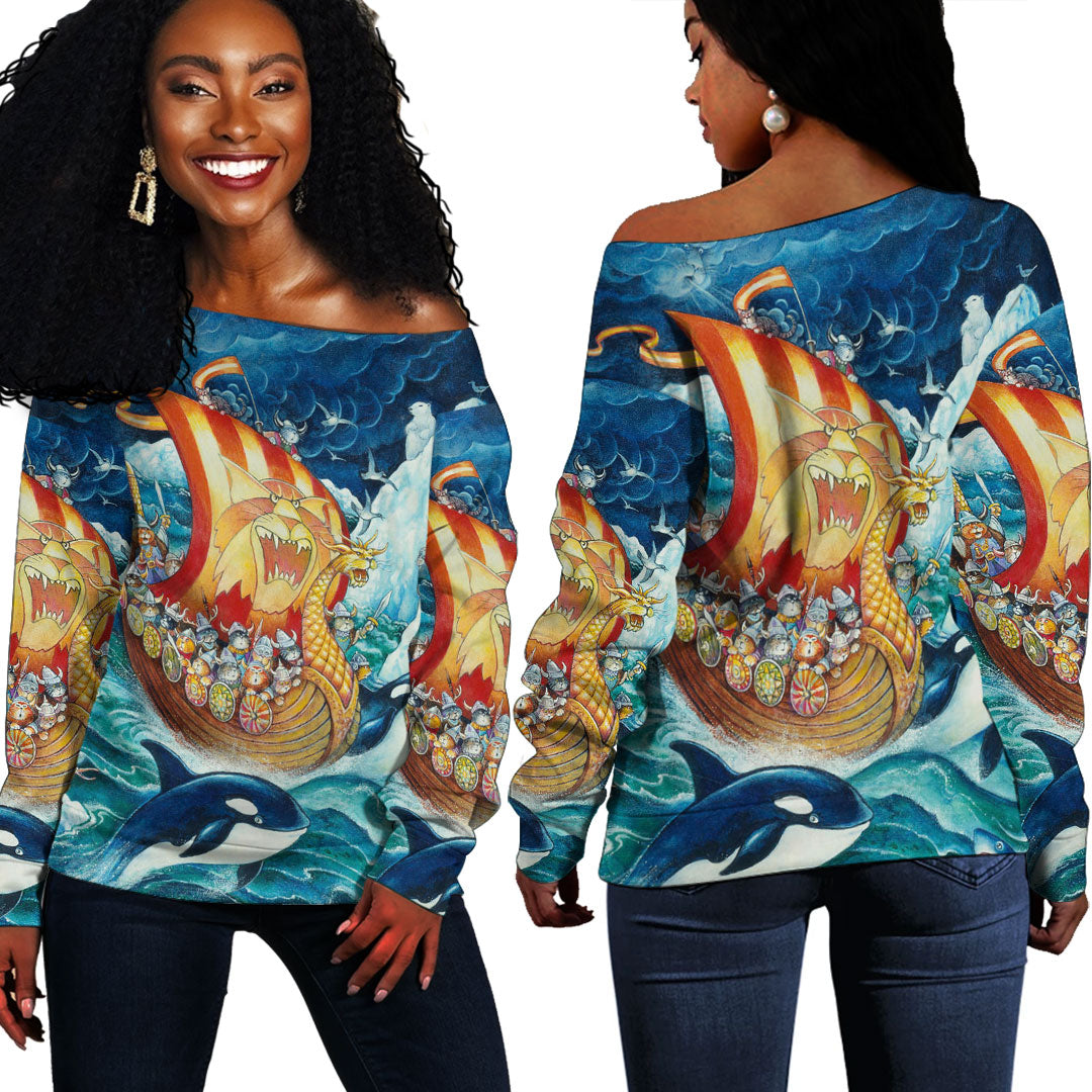 Viking Clothing Vikings Cat Drakkar Warship Off Shoulder Sweater RLT12 - Wonder Print Shop