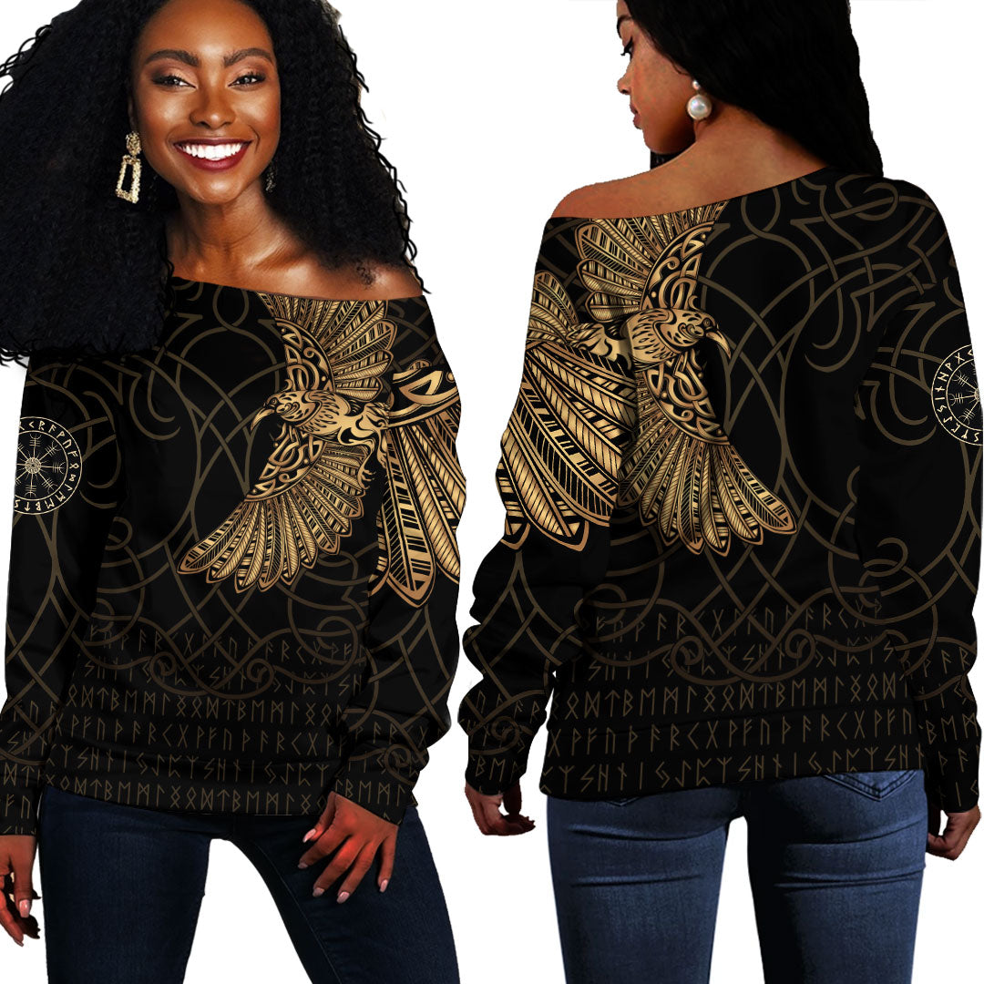 Viking Clothing Viking Odin's Celtic Ravens Gold Version Off Shoulder Sweater RLT12 - Wonder Print Shop