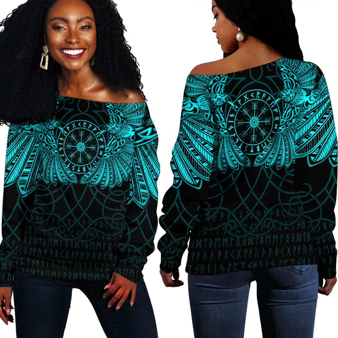 Viking Clothing Viking Odin's Celtic Two Ravens Cyan Version Off Shoulder Sweater RLT12 - Wonder Print Shop