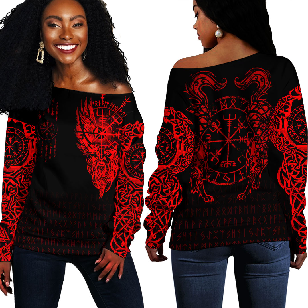 Viking Clothing Viking Compass Vegvisir Tattoo Red Version Off Shoulder Sweater RLT12 - Wonder Print Shop