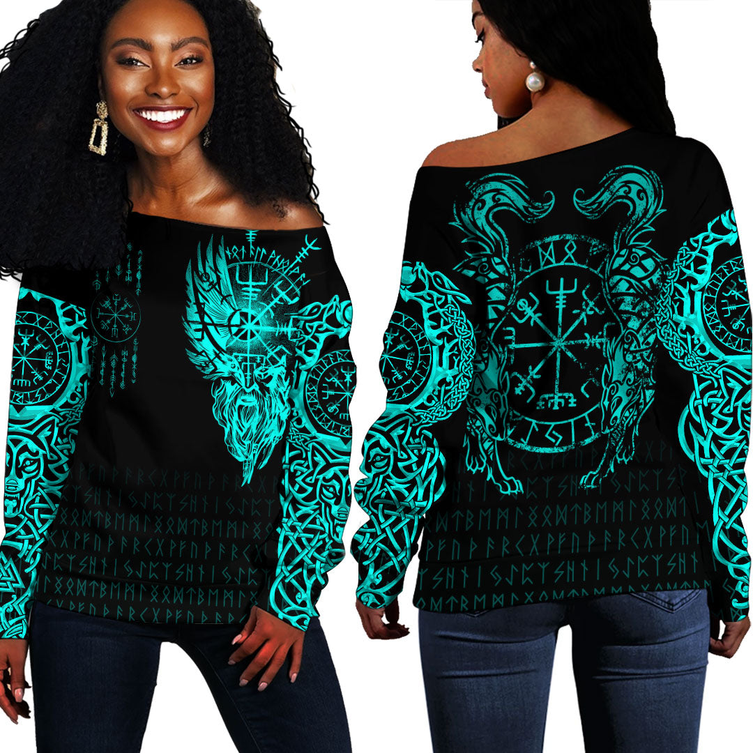 Viking Clothing Viking Compass Vegvisir Tattoo Cyan Version Off Shoulder Sweater RLT12 - Wonder Print Shop