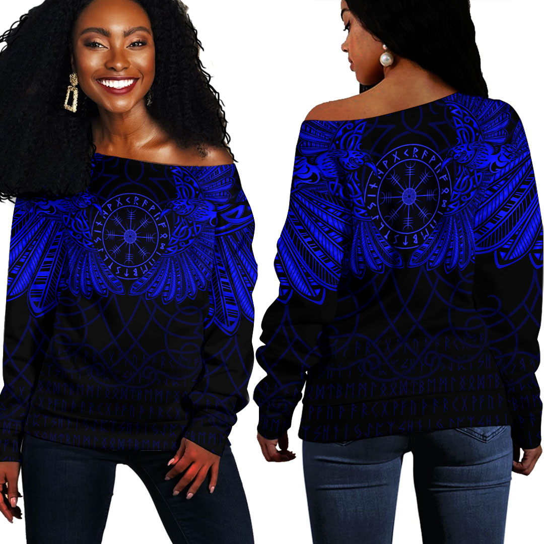 Viking Clothing Viking Odin's Celtic Two Ravens Blue Version Off Shoulder Sweater RLT12 - Wonder Print Shop