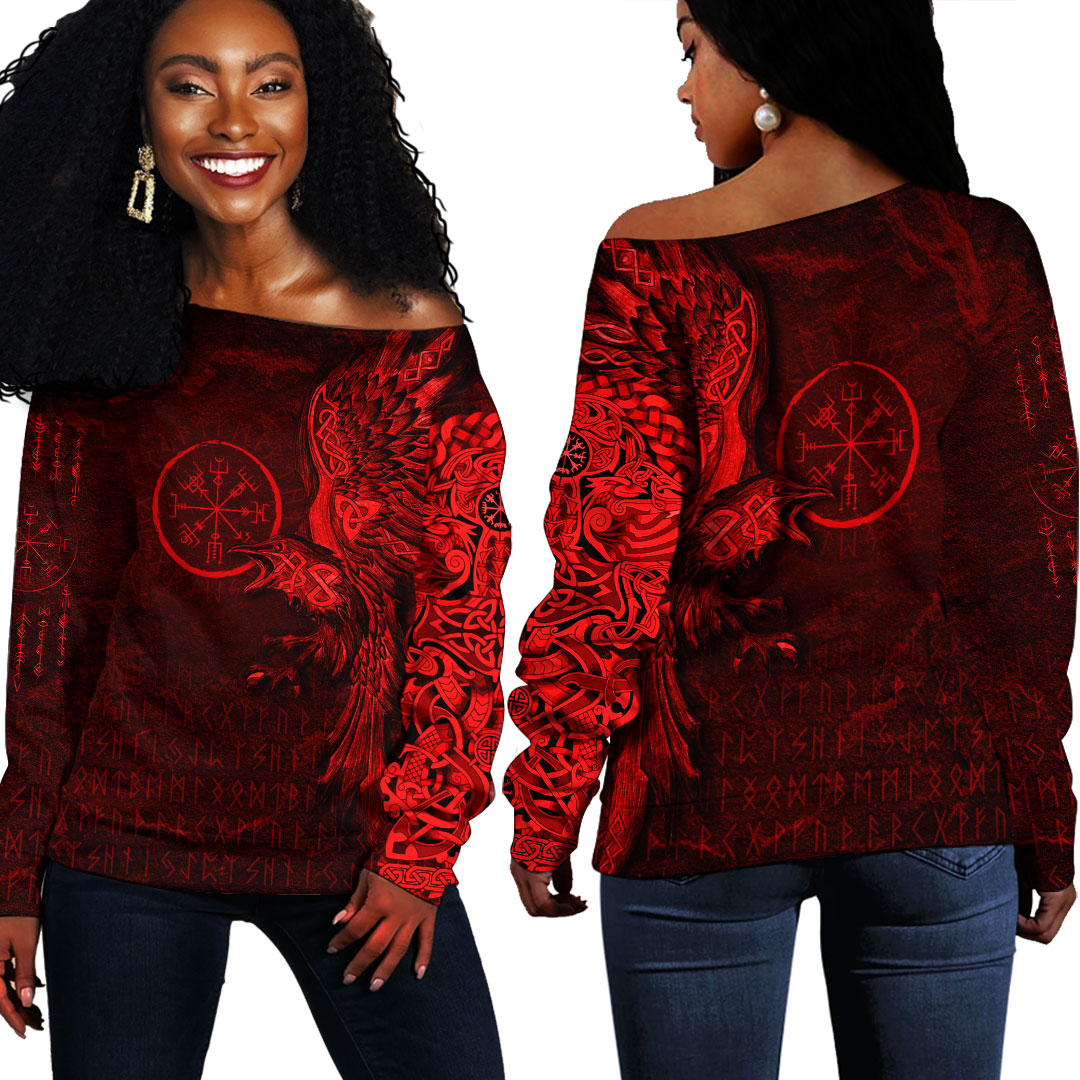 Viking Clothing Vegvisir With Raven Viking Compass Off Shoulder Sweater Red Version RLT12 - Wonder Print Shop