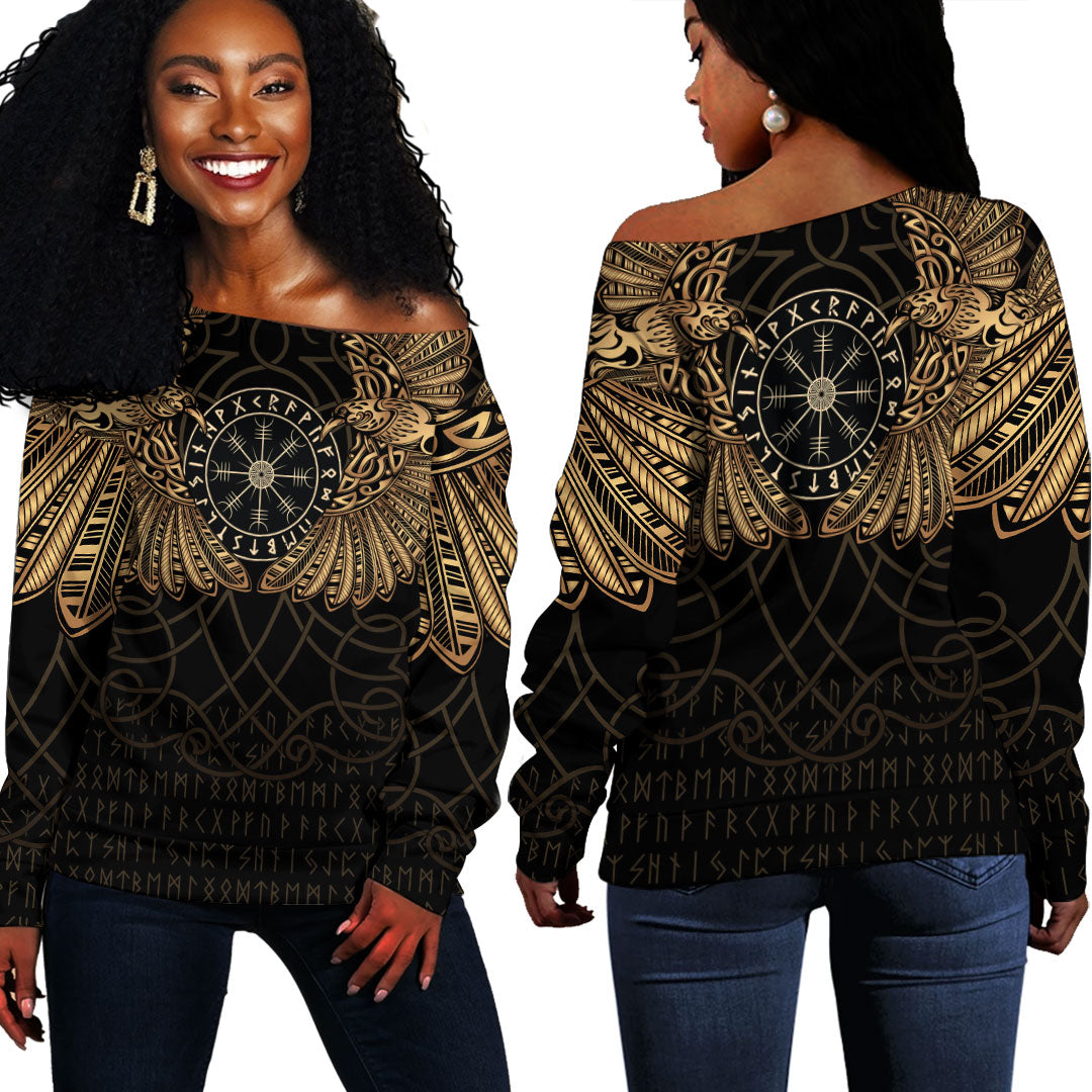 Viking Clothing Viking Odin's Celtic Two Ravens Gold Version Off Shoulder Sweater RLT12 - Wonder Print Shop