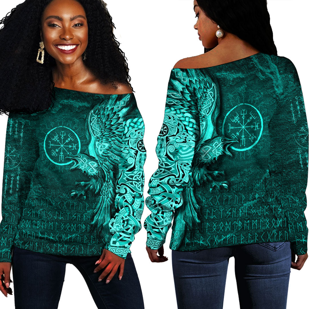 Viking Clothing Vegvisir With Raven Viking Compass Off Shoulder Sweater Cyan Version RLT12 - Wonder Print Shop