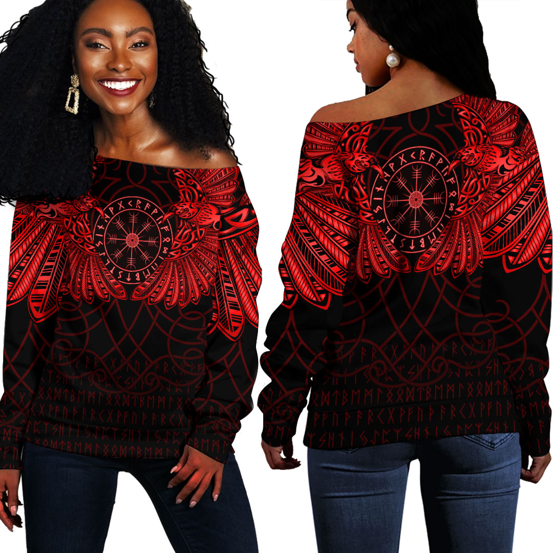 Viking Clothing Viking Odin's Celtic Two Ravens Red Version Off Shoulder Sweater RLT12 - Wonder Print Shop