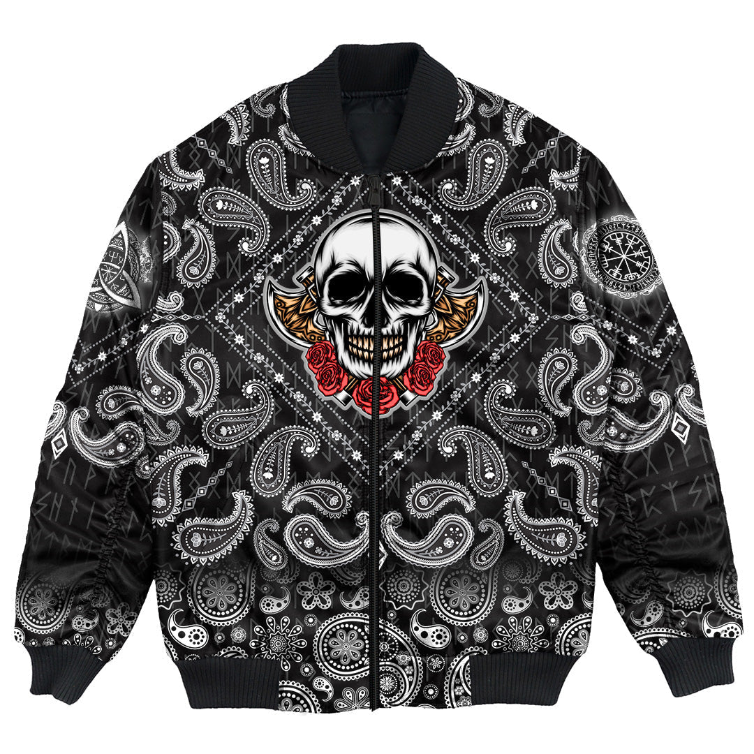 Viking Bomber Jacket Old Skeleton Head With Axe Premium with Bandana Paisley Style RLT12 - Wonder Print Shop
