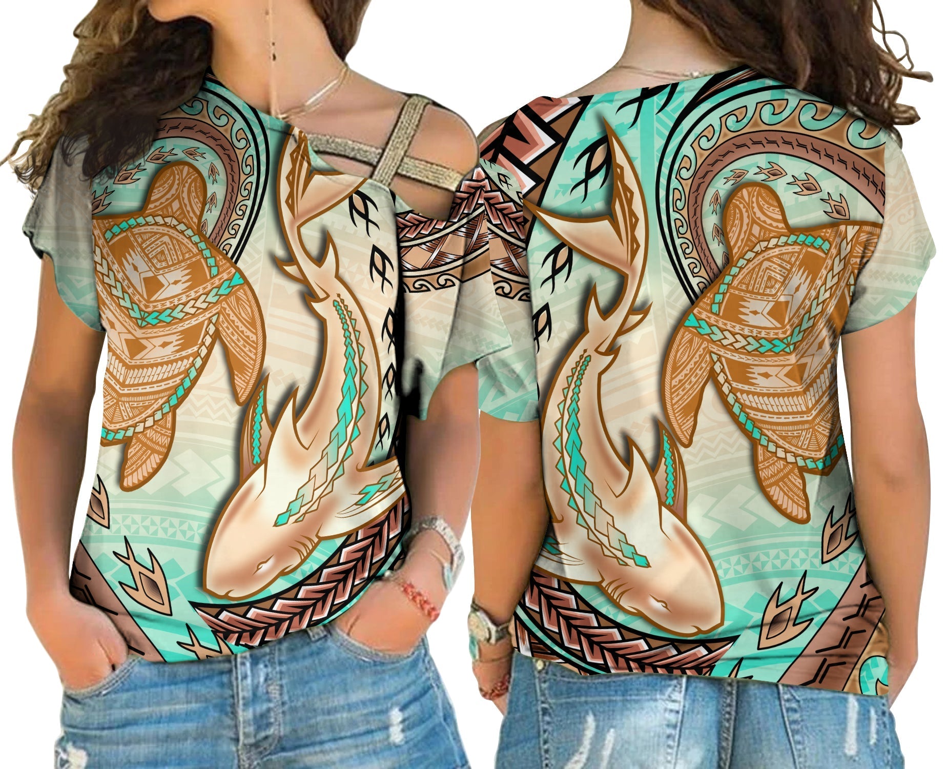 hawaii-cross-shoulder-shirt-polynesian-shark-and-sea-turtle-dreamy-turquoise-artsy