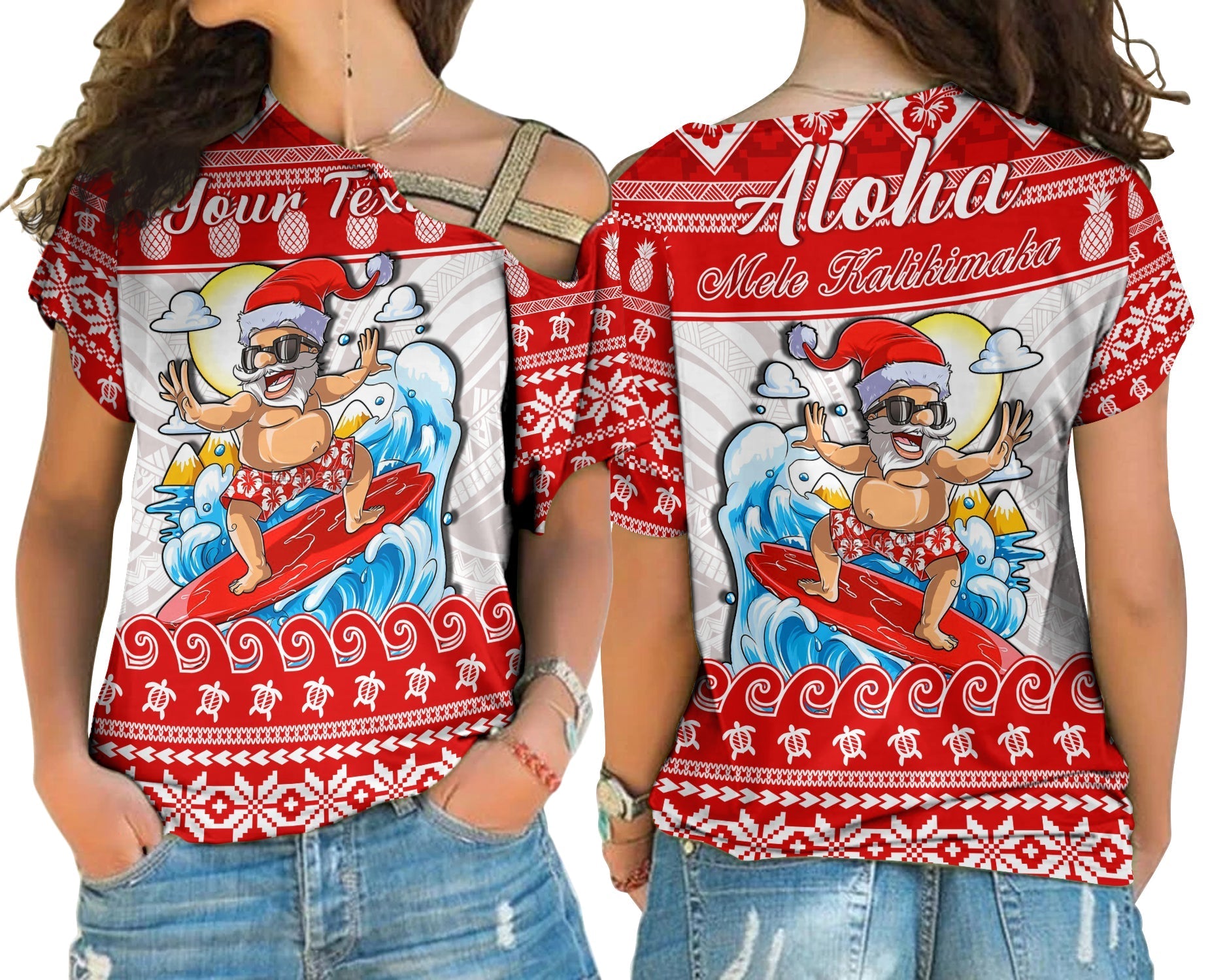 custom-personalised-hawaii-christmas-cross-shoulder-shirt-surfing-santa-mele-kalikimaka-polynesian