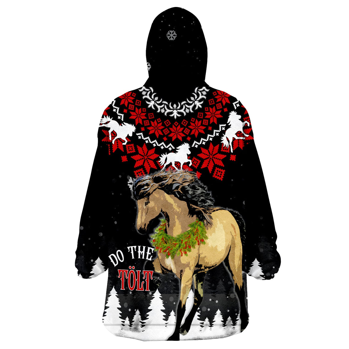 Wearable hoodie blanket with Nordic print, black/red, horse graphic, 'Do The Tolt' text