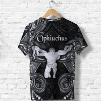 Ophiuchus zodiac black T-shirt with white tribal pattern and central figure graphic