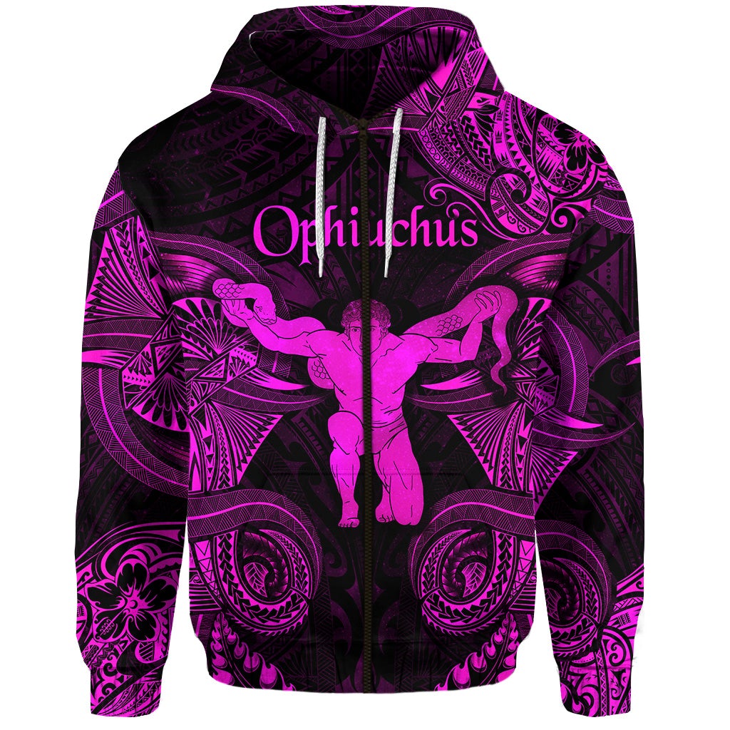 Custom Ophiuchus Zodiac Polynesian Zip Hoodie Unique Style Pink LT8 - Wonder Print Shop