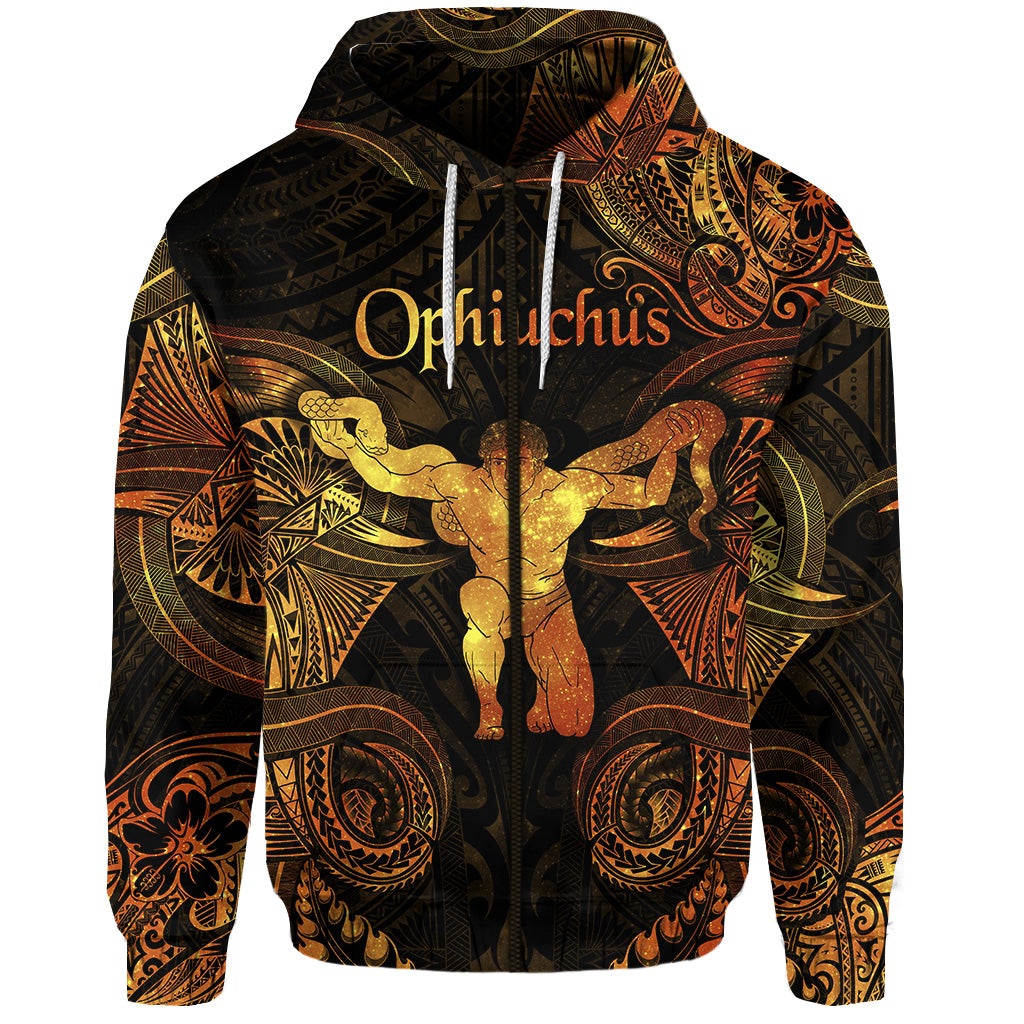 Custom Ophiuchus Zodiac Polynesian Zip Hoodie Unique Style Gold LT8 - Wonder Print Shop