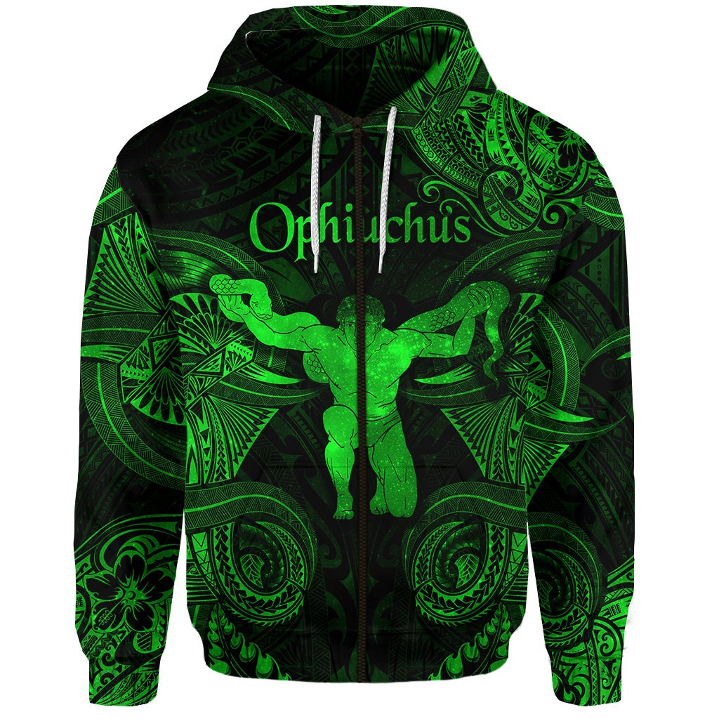 Custom Ophiuchus Zodiac Polynesian Zip Hoodie Unique Style Green LT8 - Wonder Print Shop