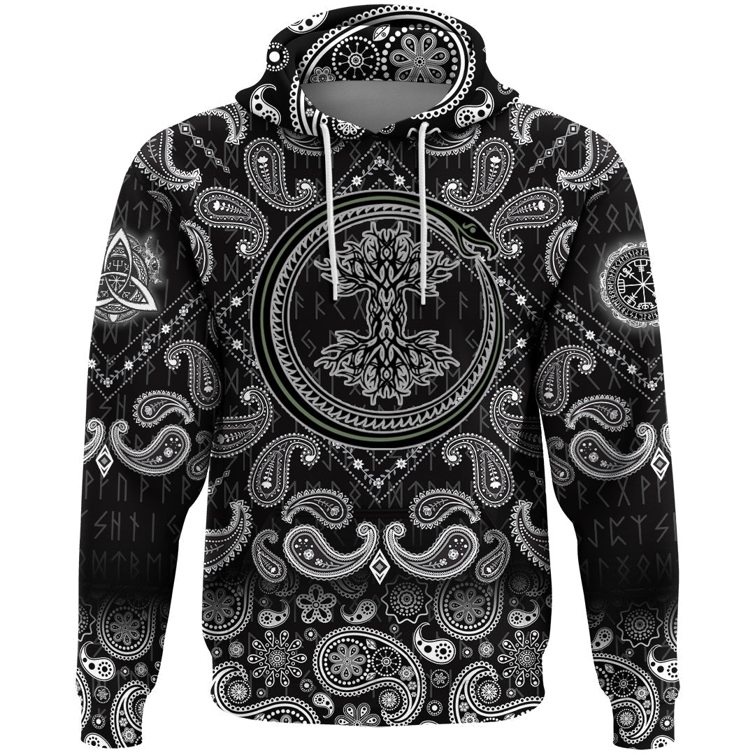Viking Hoodie Ouroboros Serpent Curled Up Around Yggdrasil with Bandana Paisley Style RLT12 - Wonder Print Shop