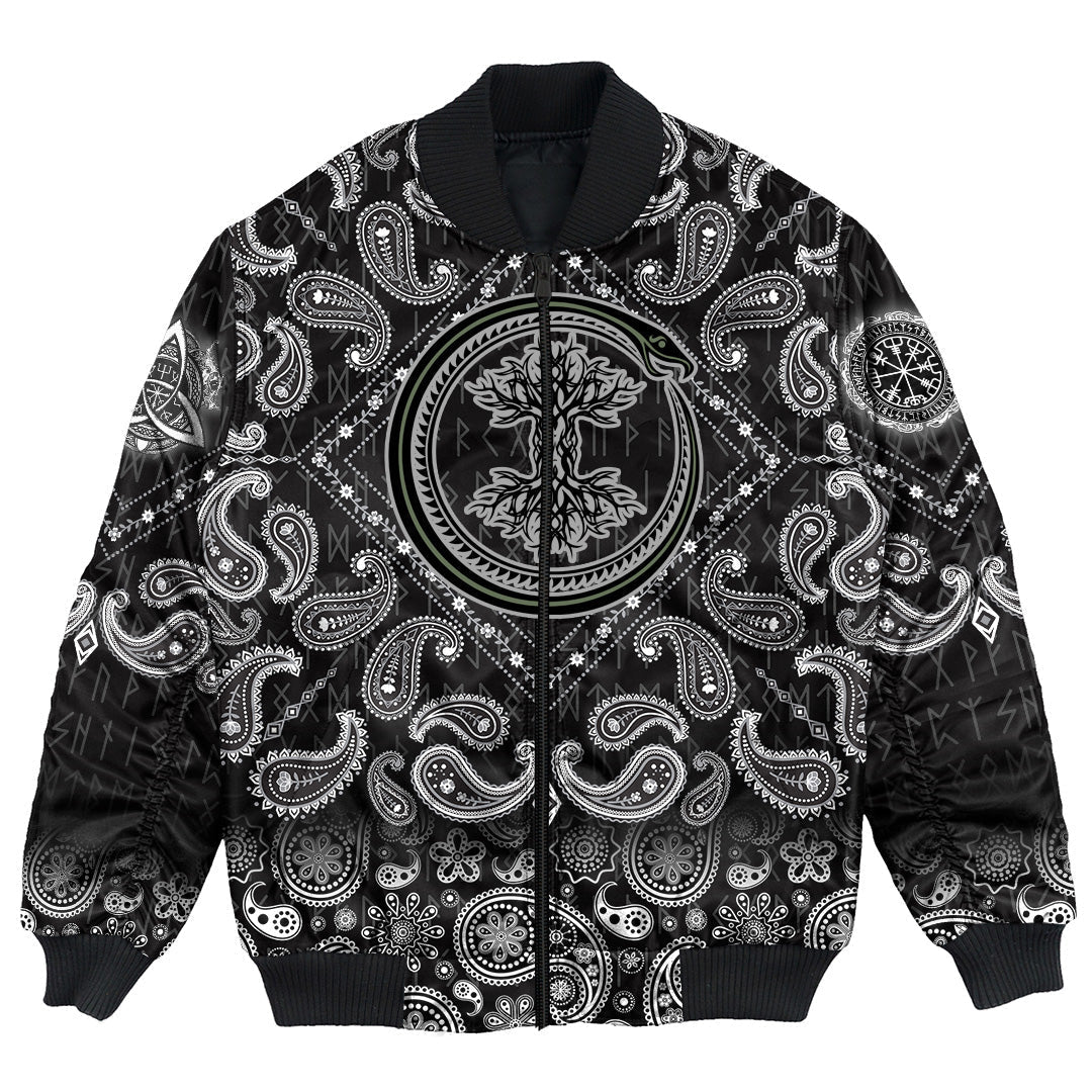 Viking Bomber Jacket Ouroboros Serpent Curled Up Around Yggdrasil with Bandana Paisley Style RLT12 - Wonder Print Shop