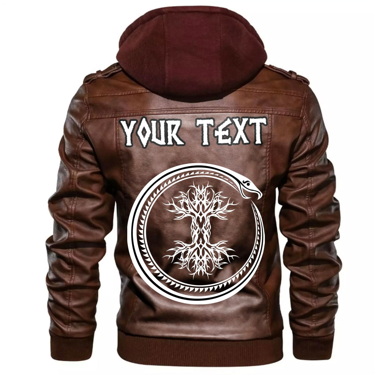 (Custom) Wonder Print Shop - Ouroboros Serpent Curled Up Around Yggdrasil Leather Jacket RLT12 - Wonder Print Shop