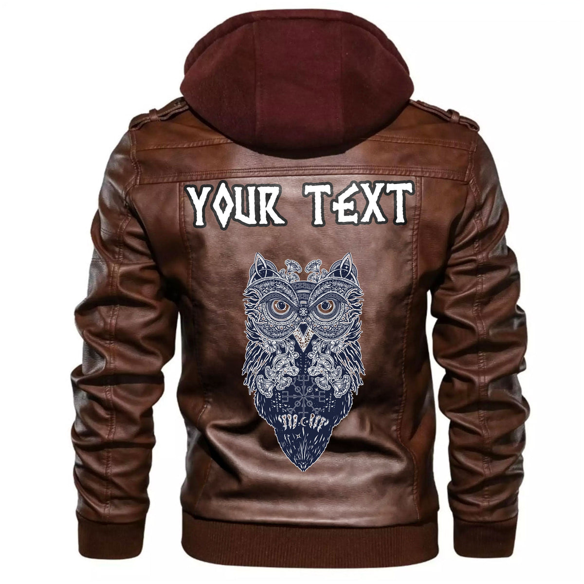 Brown leather hoodie jacket with owl celtic graphic and custom text on back