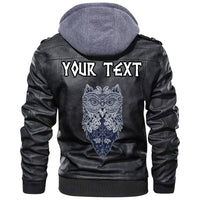Black leather hoodie jacket with owl celtic graphic and custom text on back