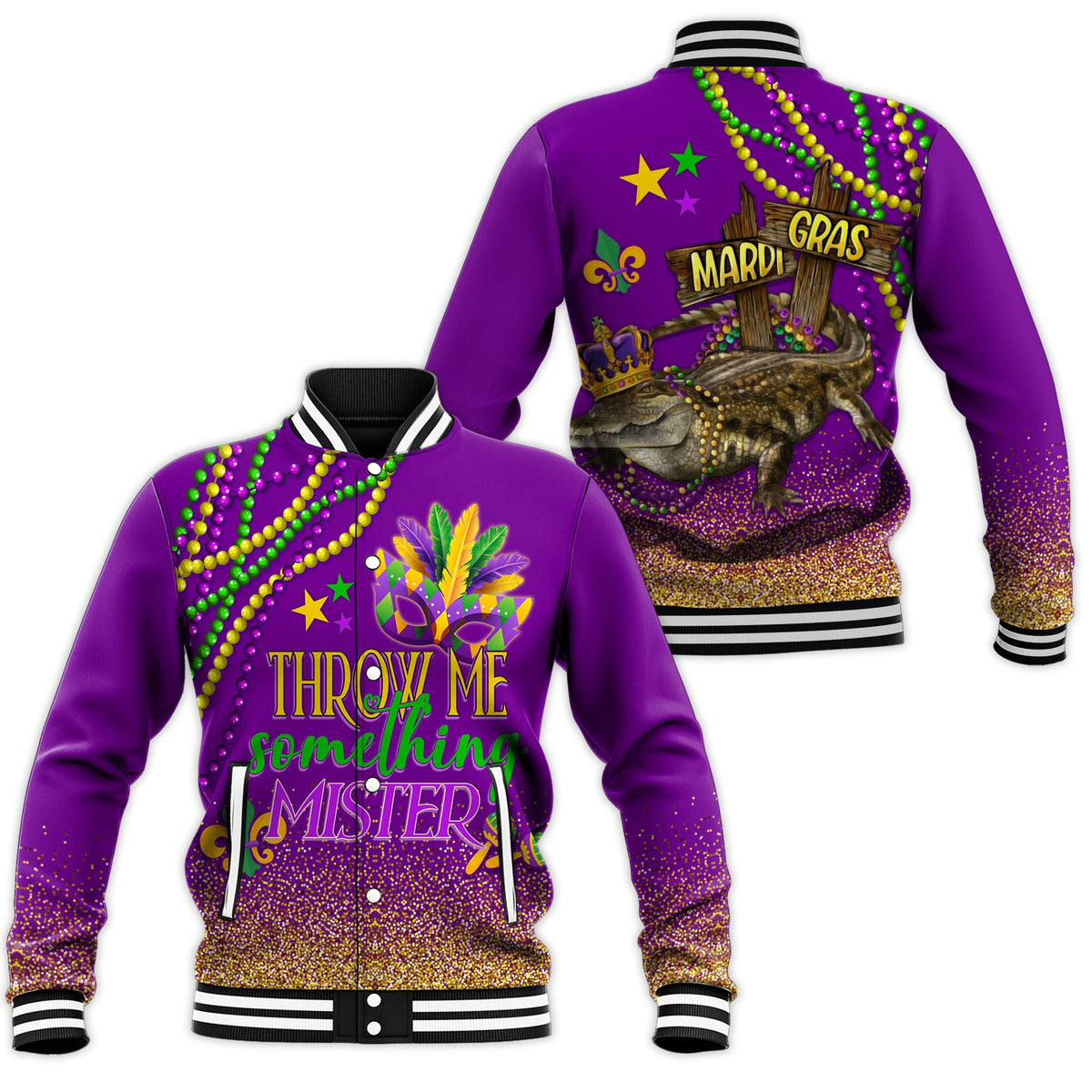 Baseball Jacket Mardi Gras - Throw Me Something Mister (Purple) LT7 - Wonder Print Shop