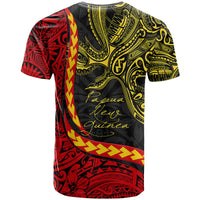 Graphic T-shirt with back print, black with red/yellow tribal-style pattern