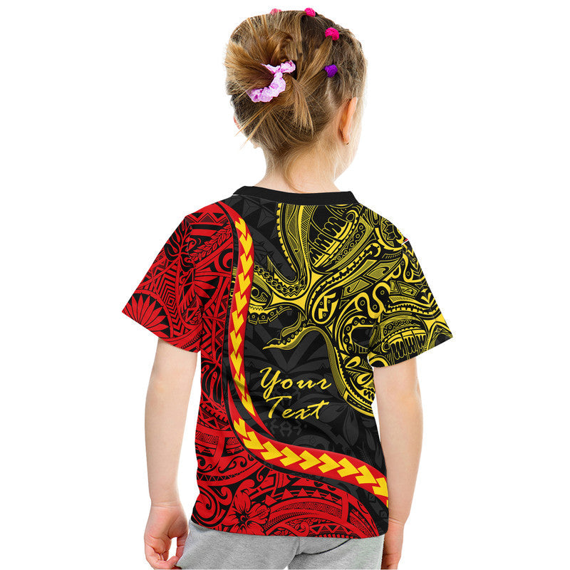 Youth black T-shirt with red and yellow tribal artwork, central script text