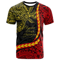 Black T-shirt with red, yellow, and green tribal-style artwork and graphic design