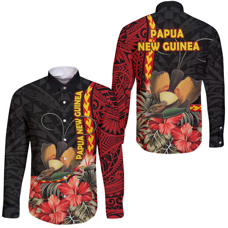 Papua New Guinea Hawaii Long Sleeve Button Shirt Unique Bird With Tropical Vintage Plant - Wonder Print Shop