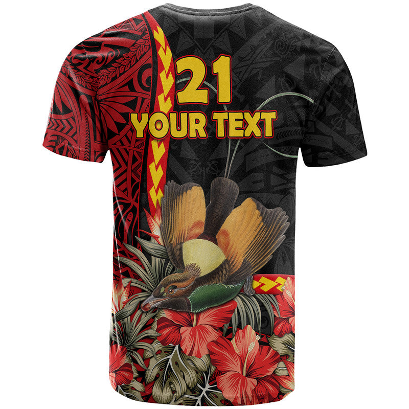 Black T-shirt with bird, red flowers, and YOUR TEXT back print