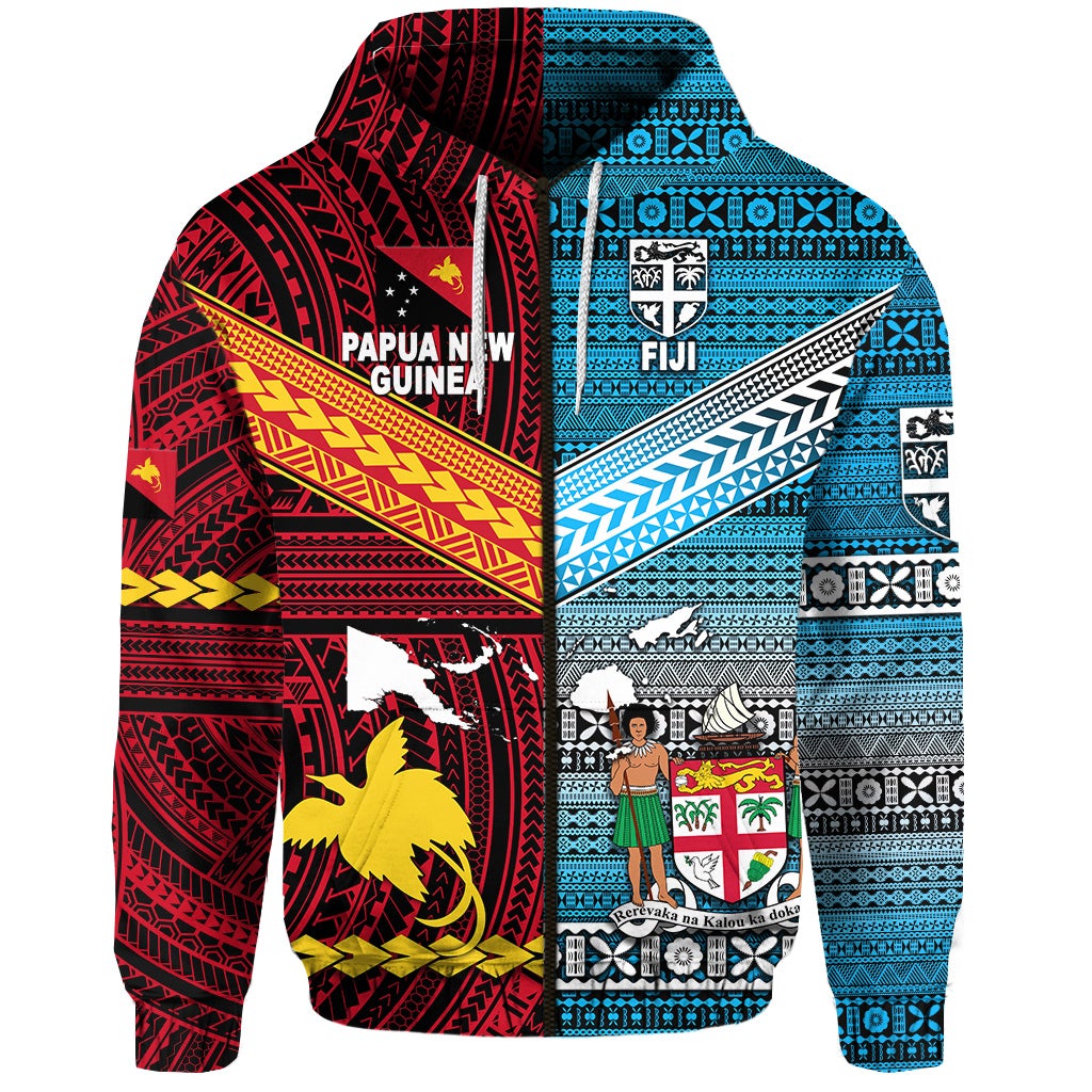 Custom Papua New Guinea Polynesian And Fiji Tapa Zip Hoodie Together Bright Color, Custom Text And Number LT8 - Wonder Print Shop