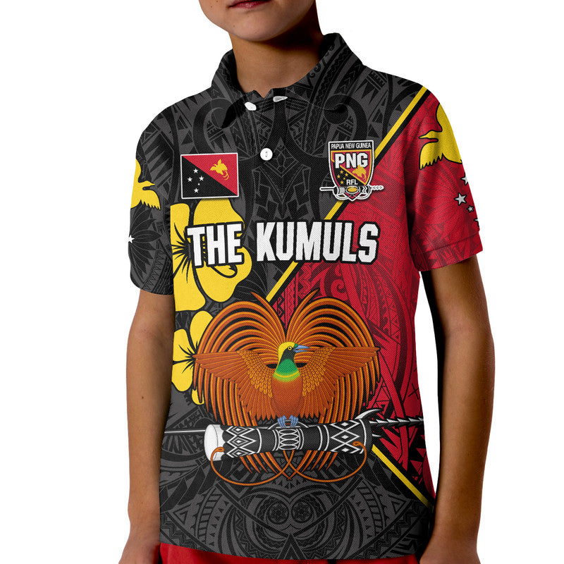 (Custom Text and Number) The Kumuls PNG Polo Shirt KID Papua New Guinea Polynesian Dynamic Style Black - Wonder Print Shop