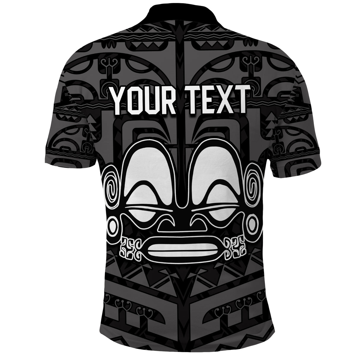 Gray polo shirt with “YOUR TEXT” area and large tribal face graphic, button placket