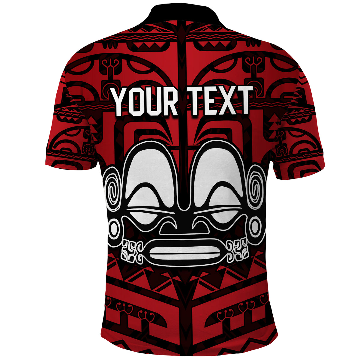Red polo shirt back with large tribal face graphic and bold 'YOUR TEXT' across