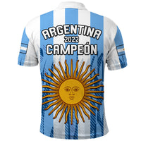 Argentina football polo shirt, back text Argentina 2022 Campeon and sun emblem