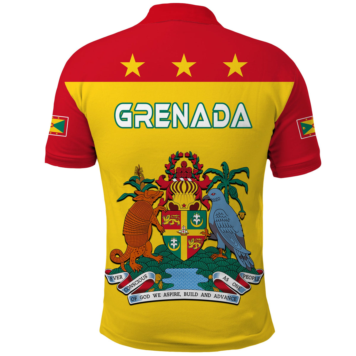 Yellow Grenada polo back with red yoke and stars; large Grenada text and coat-of-arms
