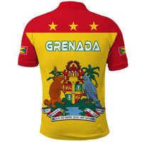 Yellow Grenada polo back with red yoke and stars; large Grenada text and coat-of-arms