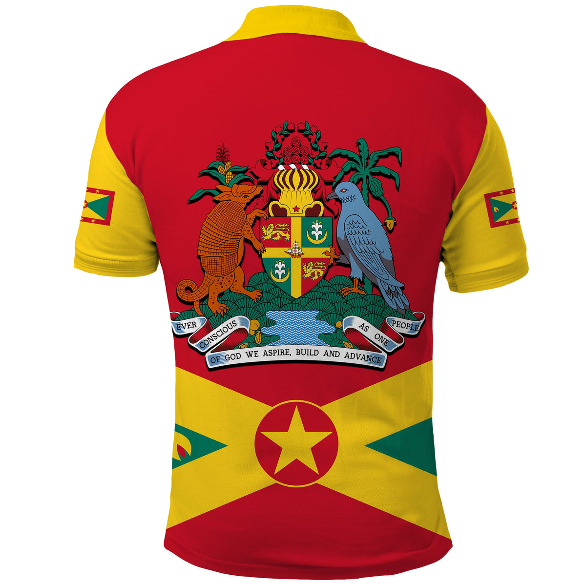 Red polo with yellow sleeves and back coat-of-arms crest graphic