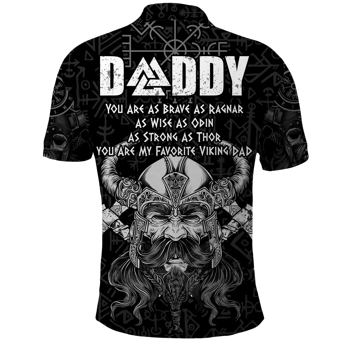 Black polo shirt back with 'DADDY' text and Odin portrait over rune pattern