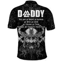 Black polo shirt back with 'DADDY' text and Odin portrait over rune pattern