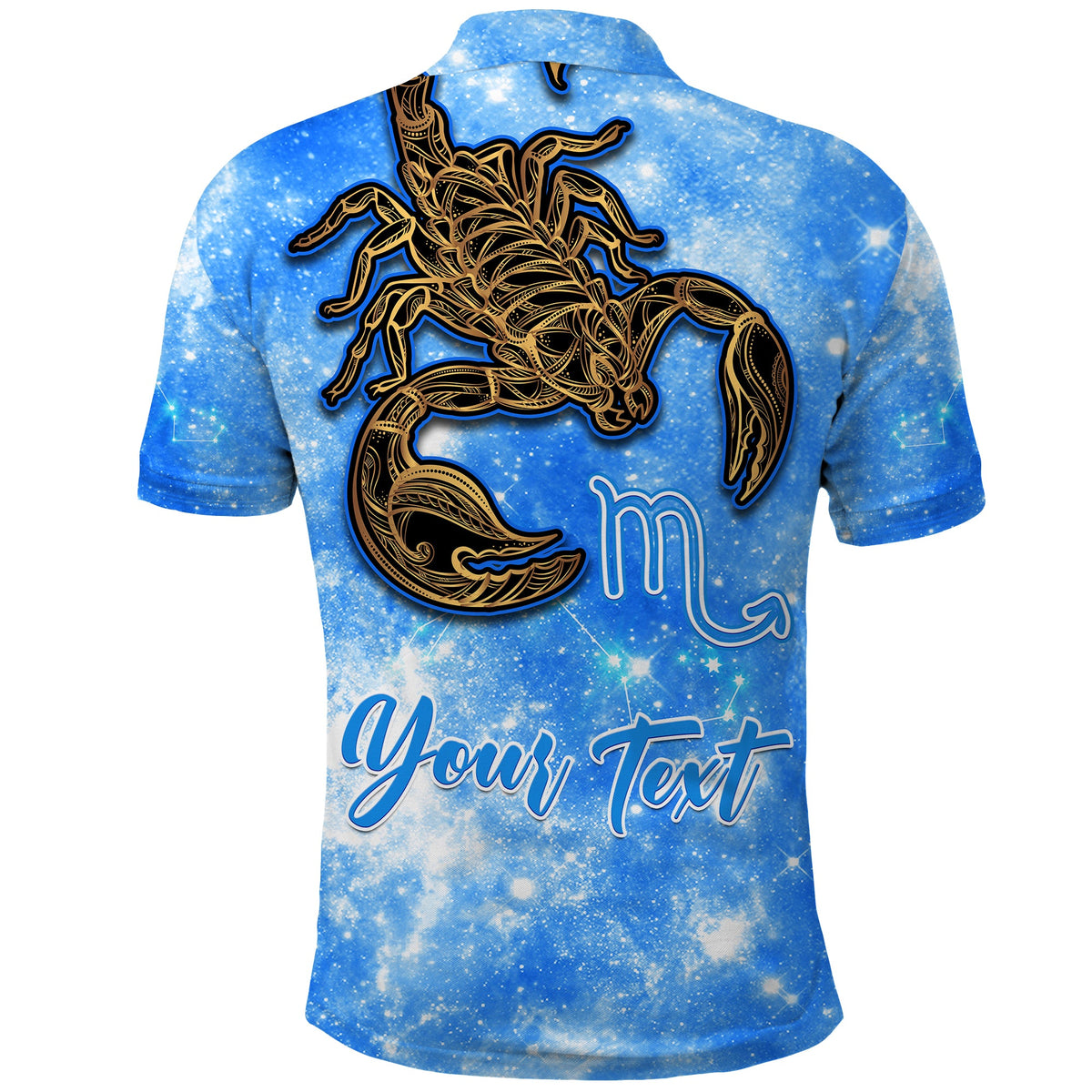 Blue Scorpio galaxy polo shirt, back print with scorpion zodiac and stars