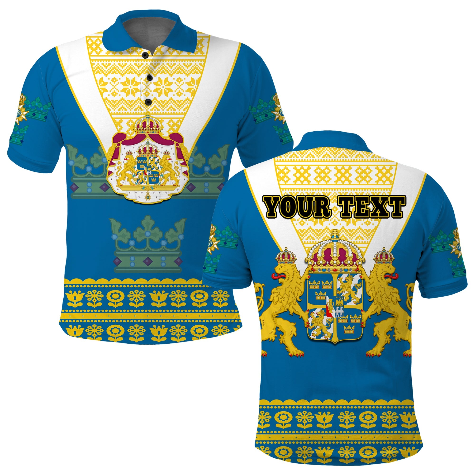 custom-personalised-sweden-polo-shirt-swedish-coat-of-arms-with-scandinavian-flowers